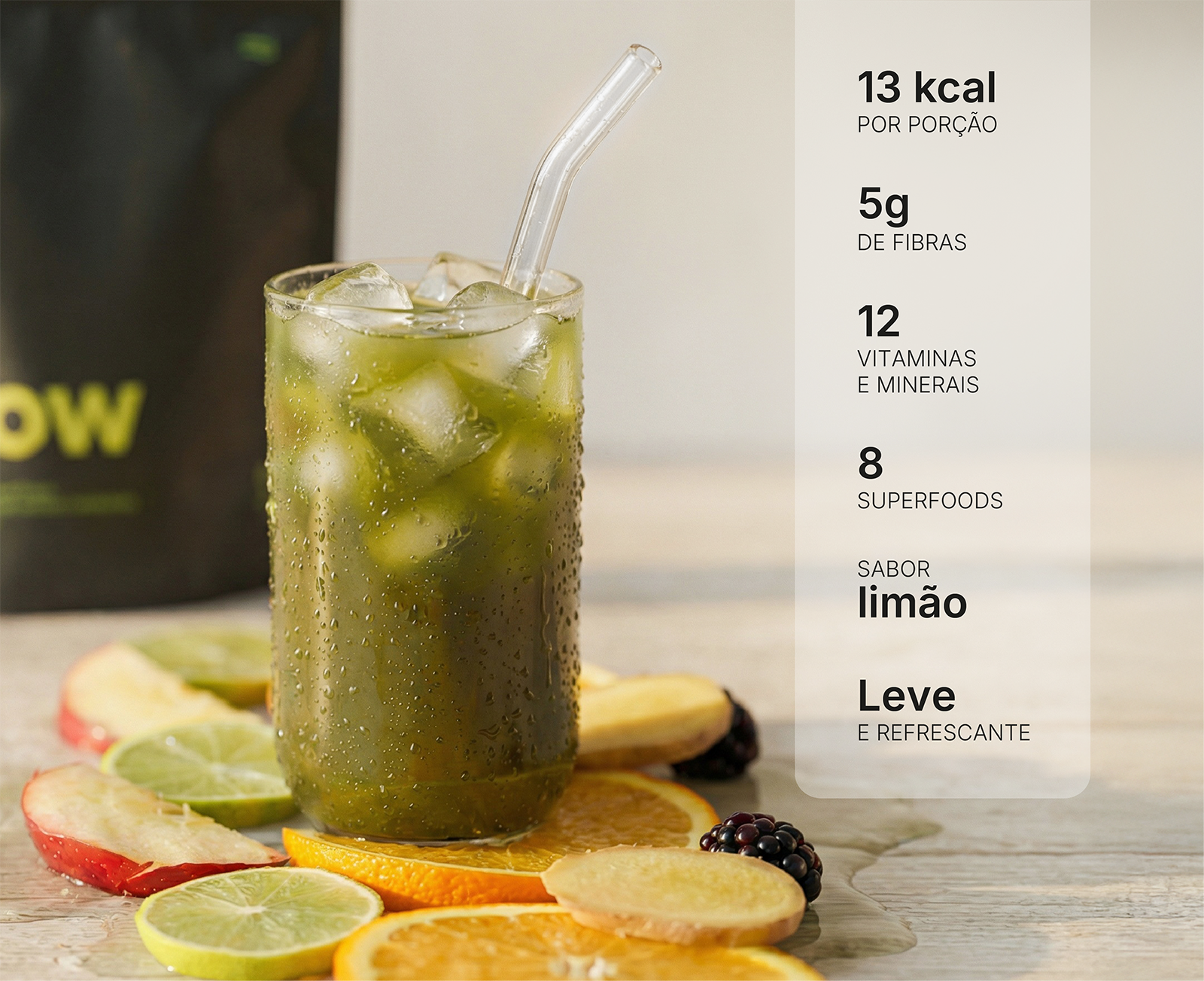 FLOW - Bebida funcional em pó com fibras e vitaminas - Sabor Limão (300g)